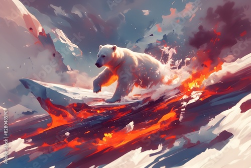A polar bear surfing on a melting iceberg in a sea of lava. Global warming concept generated by an AI.