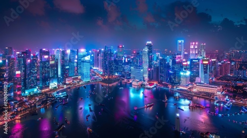 A panoramic view of the cityscape dotted with air taxis and illuminated by the lights and energy of the cultural festival.