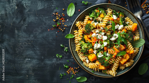 colorful autumn pasta salad with roasted pumpkin and broccoli with copy space for text