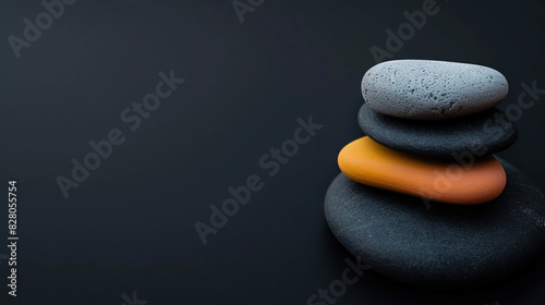 zen stones stacked in a tranquil arrangement with vibrant colors for relaxation themes with copy space for text