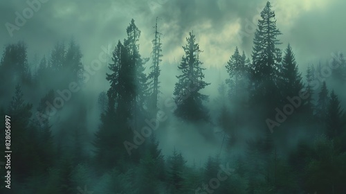 A misty forest scene with tall trees and fog rising from the ground, creating an ethereal atmosphere.