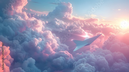 A paper airplane soaring through the sky, surrounded by fluffy clouds. A dreamy feel meets a sense of adventure as the plane embodies freedom and imagination