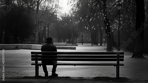 solitary man sitting on park bench in foggy weather, contemplating in solitude