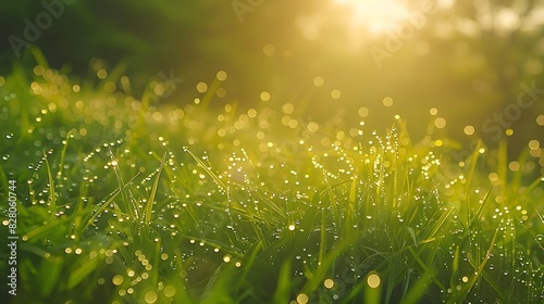 Beautiful blurred background of lush green grass meadow with dew drops in sunlight.