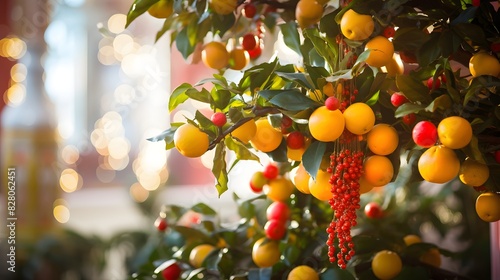 Colorful fruits are hanging on the branches. Generative AI