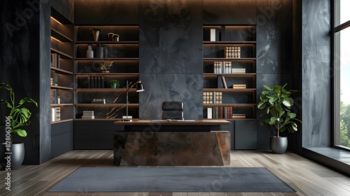 Modern home office interior with desk, bookshelves and black wall background. Minimalist workspace design concept in the style of minimalism. 