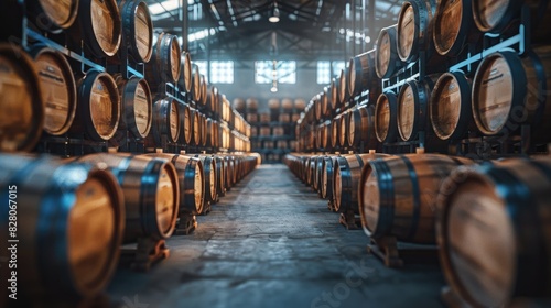 A large room filled with barrels of wine. The barrels are stacked on top of each other, and the room is dimly lit. Scene is one of anticipation and excitement