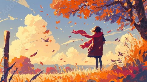 A young woman strolls through the autumnal park enjoying the brisk air as leaves gently cascade around her carried by the playful wind This scene is beautifully captured in a 2d illustratio