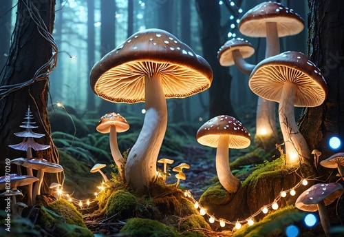A cluster of wild, white and brown mushrooms with green caps pokes up from mossy forest floor in the fall