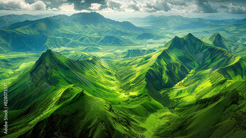Vast green lush valley picturesque landscape, scenic hills panoramic terrain, majestic wilderness