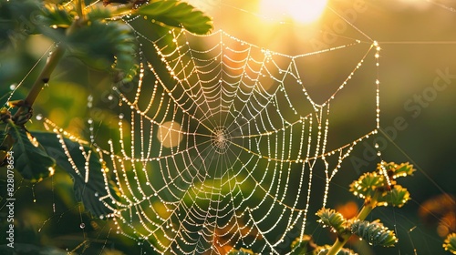 Glistening dewdrops on intricate spider webs in early morning light