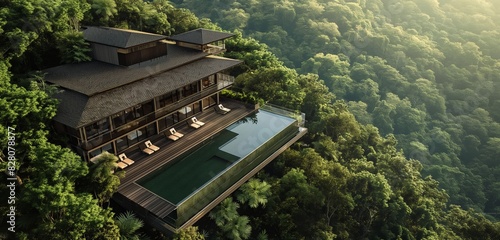 A top view of a luxury cabin with a large swimming pool and sun loungers, positioned on a green mountain top surrounded by dense foliage 32k, full ultra hd, high resolution