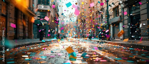 Celebrating on the street. A Celebration Unbound Multicolored Confetti Transforms the Street into a Festive