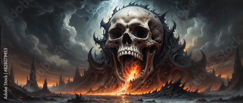 Apocalyptic hellscape of eternal damnation where evil reigns with colossal demonic skeleton skull engulfed in fire and brimstone storms. 