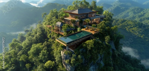 A top-down view of a luxury cabin with a large swimming pool, set on a green mountain peak, surrounded by dense forests and breathtaking vistas 32k, full ultra hd, high resolution