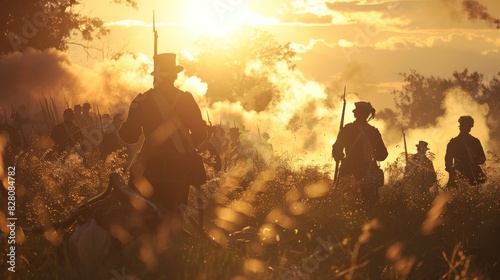 Scene from the American Civil War with soldiers and battlefield imagery