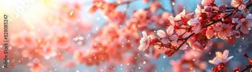 Beautiful cherry blossoms in full bloom under the sunlight, with delicate petals and bokeh effect, creating a serene and dreamy spring scene.