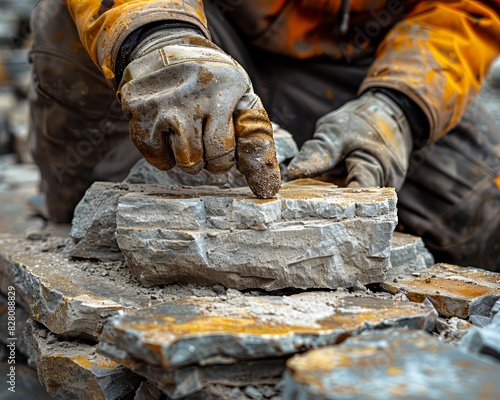 Close-up of a stone mason chiseling rock while wearing protective gloves and workwear. Industrial craftsmanship in focus.