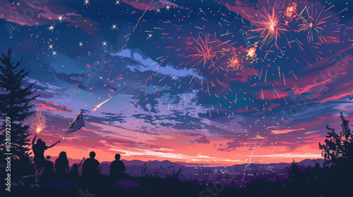 4th of july : A group of people enjoying a vibrant fireworks display against a stunning evening sky, surrounded by nature. An American flag is held high.
