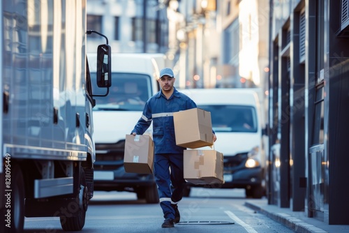 A young man in a blue overalls was carrying boxes from a truck to his office, and he stood next to two white delivery trucks with Spaces for copying words on the street.