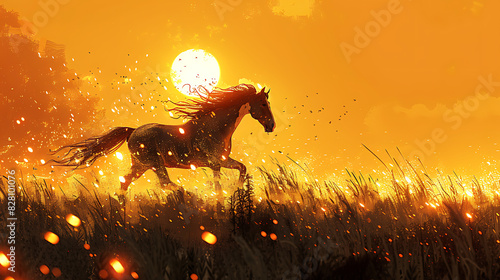 illustration of a mythical creature known as a centaur with the body of a horse and the torso of a human galloping through a sundrenched meadow as it roams free in the wilderness
