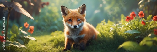 portrait of a fox puppy on garden yard background banner