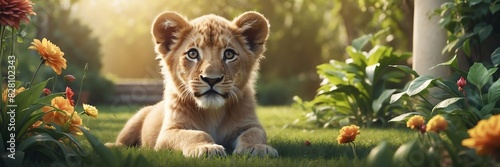 portrait of a lion puppy on garden yard background banner