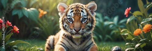portrait of a tiger puppy on garden yard background banner