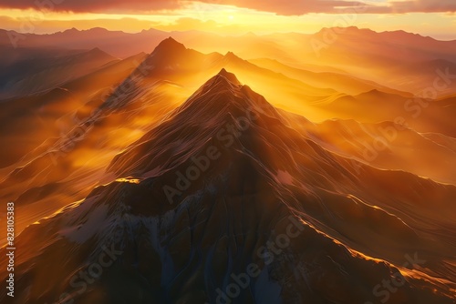 Mountain dome at sunrise with golden light casting dramatic shadows, detailed textures, ultrarealistic, 8K resolution