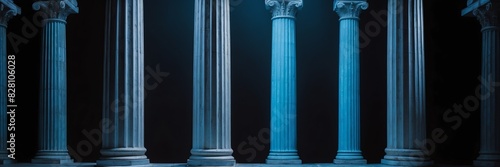 roman greek columns with blue lighting on plain black background banner copyspace