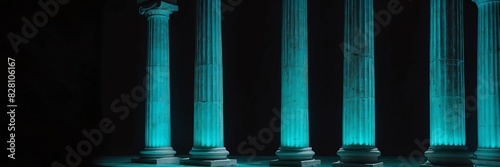roman greek columns with teal lighting on plain black background banner copyspace
