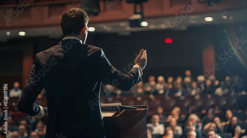 A man stands at a podium in front of a large audience, giving a speech politician
