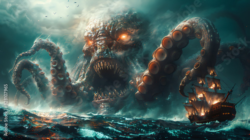 illustration of mythical creature known kraken tentacles of immense size razorsharp teeth power drag ships sailors watery grave depths of the ocean where ancient secrets lie buried beneath the waves