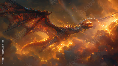 illustration of a mythical creature known as a wyvern with the body of a serpent the wings of a bat and the fiery breath of a dragon soaring through the skies in search of prey and adventure