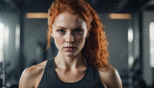 young attractive redhead woman fitness trained lifestyle portrait on plain studio background
