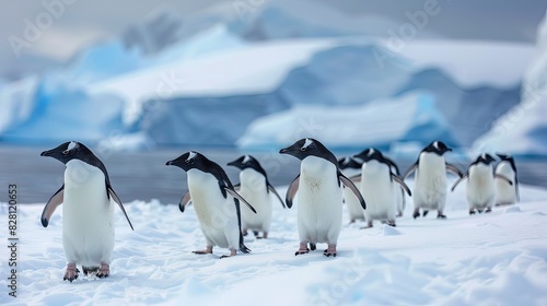 A group of penguins waddling awkwardly across the icy landscape of Antarctica, their black and white plumage stark against the snow 