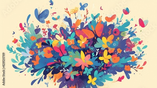A whimsical cartoon bush adorned with a kaleidoscope of colorful butterflies