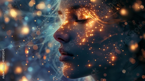 ethereal woman with glowing constellations illuminating her face surreal digital illustration
