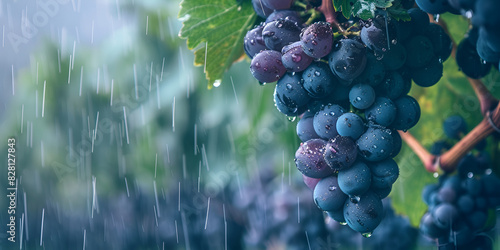A bunch of black grapes hanging from a vine in rain drops