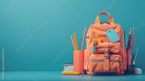 Orange backpack with school supplies on blue background. Ready for the new school year. Back to school concept.