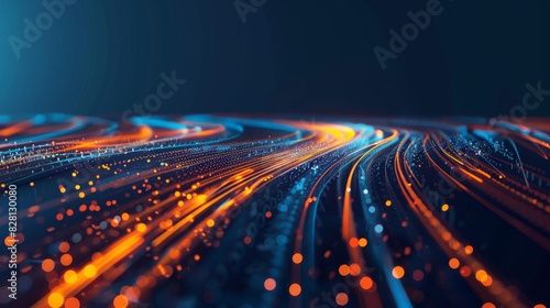 Abstract background with blue and orange light trails on dark sky. Digital technology concept, digital highway for fast data transfer speed 