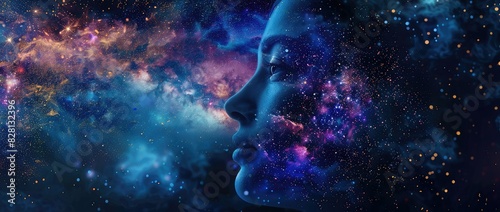 The image shows a man's face made of stars in the space.