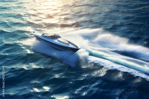 Aerial view of luxury motorboat floating on the sea