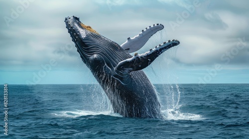 A majestic humpback whale breaching the surface of the ocean in a spectacular display 