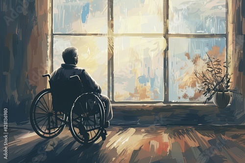 A physically disabled person sits in a wheelchair, gazing out a window