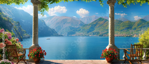 Amazing wide view of Beautiful Lake in Italy View from terrace with flowers and wooden chairs with lush green mountains and blue water under clear blue sky