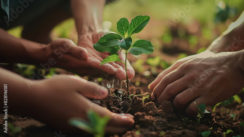 Three people are planting a tree together. Concept of community and teamwork, as the individuals work together to nurture the young plant. The act of planting a tree symbolizes growth, renewal