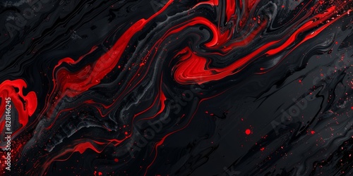 A black and red abstract painting with red splatters