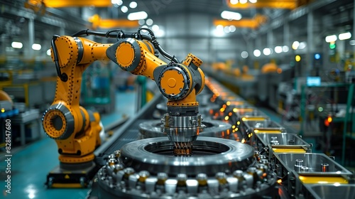 The robot is seen lifting a heavy metal component with ease, showcasing its strength and the advanced engineering that allows it to perform physically demanding tasks safely. safety first for