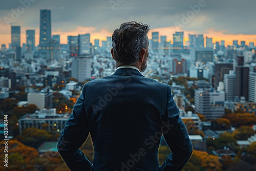 Business executive contemplating over city skyline view, thoughtful and strategic, Editorial Photography style